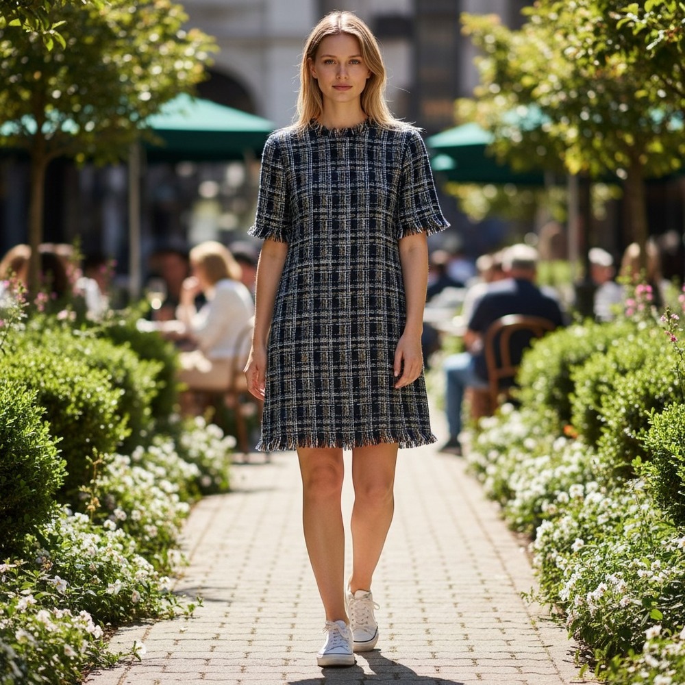 Ellison Navy Blue Plaid Tweed Fringe Trim Shift Mini Dress Short Sleeve